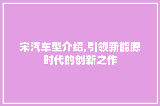 宋汽车型介绍,引领新能源时代的创新之作