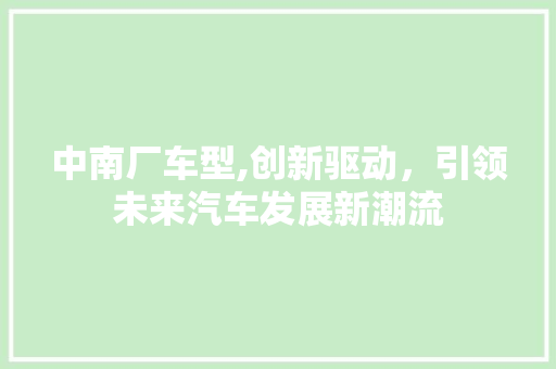 中南厂车型,创新驱动，引领未来汽车发展新潮流
