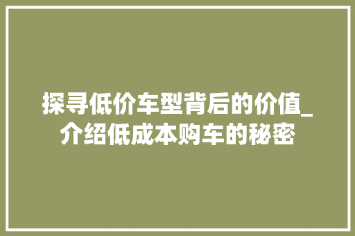 探寻低价车型背后的价值_介绍低成本购车的秘密