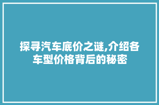 探寻汽车底价之谜,介绍各车型价格背后的秘密