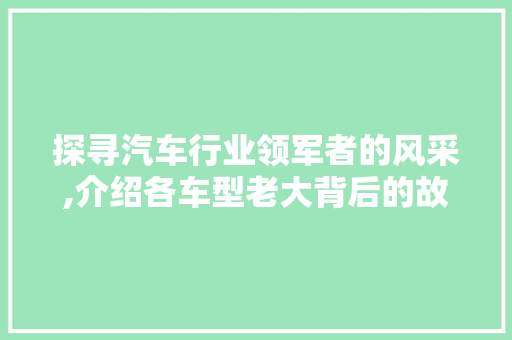 探寻汽车行业领军者的风采,介绍各车型老大背后的故事
