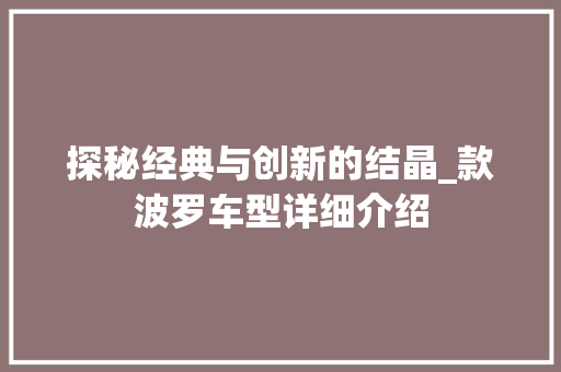 探秘经典与创新的结晶_款波罗车型详细介绍