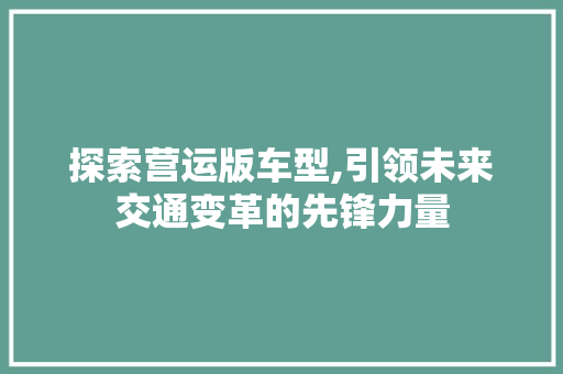 探索营运版车型,引领未来交通变革的先锋力量