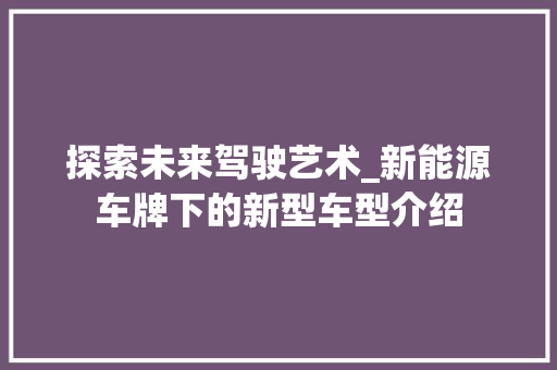 探索未来驾驶艺术_新能源车牌下的新型车型介绍