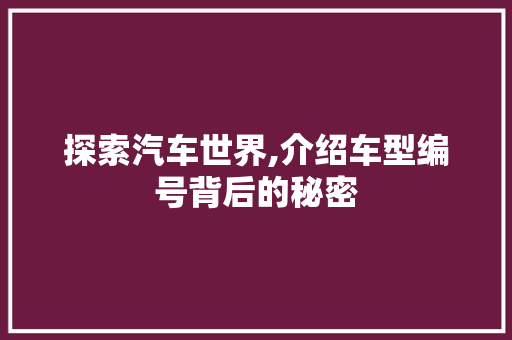 探索汽车世界,介绍车型编号背后的秘密