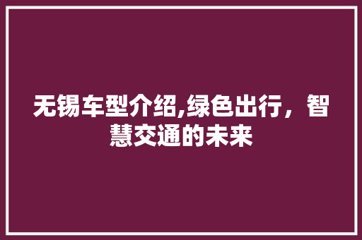 无锡车型介绍,绿色出行，智慧交通的未来