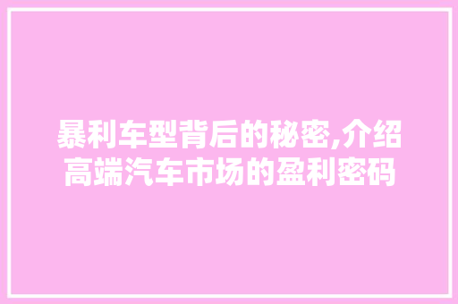 暴利车型背后的秘密,介绍高端汽车市场的盈利密码
