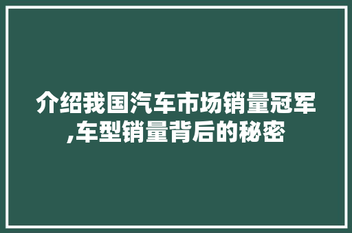介绍我国汽车市场销量冠军,车型销量背后的秘密