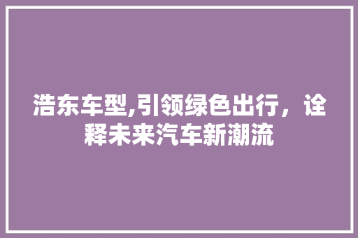 浩东车型,引领绿色出行，诠释未来汽车新潮流