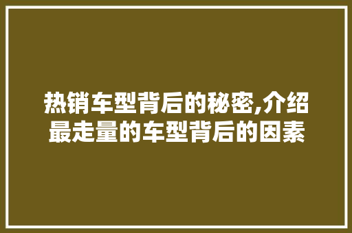 热销车型背后的秘密,介绍最走量的车型背后的因素