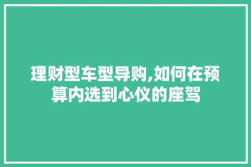 理财型车型导购,如何在预算内选到心仪的座驾