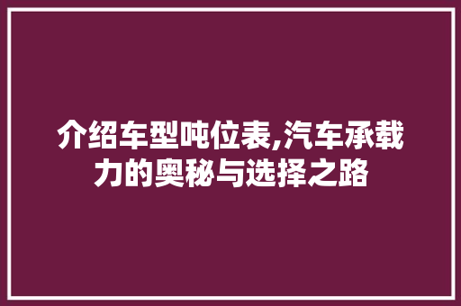 介绍车型吨位表,汽车承载力的奥秘与选择之路