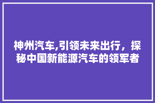 神州汽车,引领未来出行，探秘中国新能源汽车的领军者
