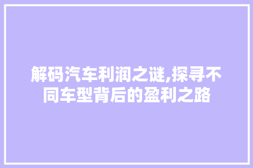 解码汽车利润之谜,探寻不同车型背后的盈利之路