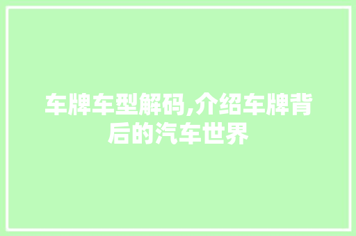 车牌车型解码,介绍车牌背后的汽车世界