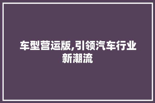 车型营运版,引领汽车行业新潮流