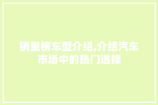 销量榜车型介绍,介绍汽车市场中的热门选择