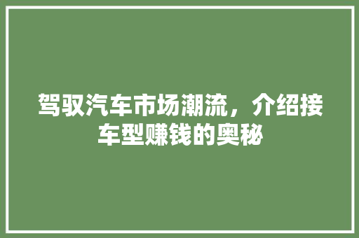 驾驭汽车市场潮流，介绍接车型赚钱的奥秘