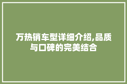 万热销车型详细介绍,品质与口碑的完美结合