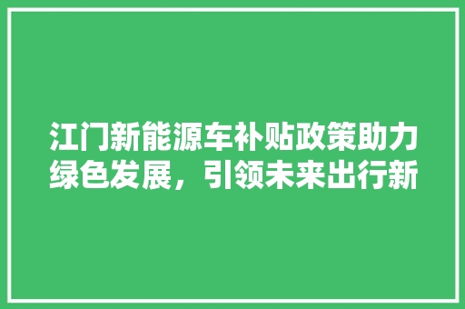 江门新能源车补贴政策助力绿色发展，引领未来出行新风尚