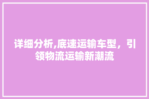 详细分析,底速运输车型，引领物流运输新潮流