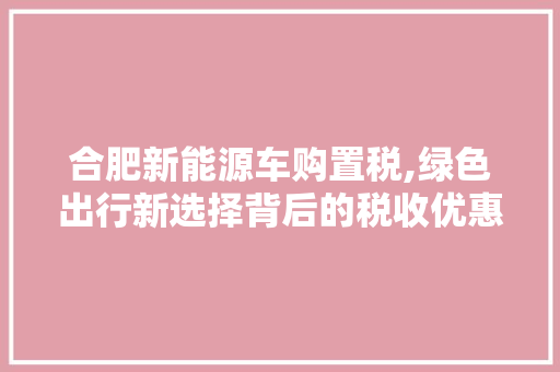 合肥新能源车购置税,绿色出行新选择背后的税收优惠