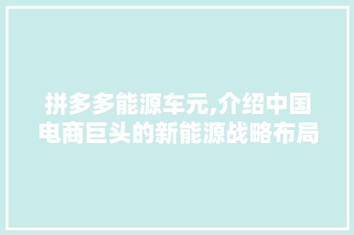 拼多多能源车元,介绍中国电商巨头的新能源战略布局