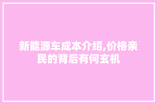 新能源车成本介绍,价格亲民的背后有何玄机