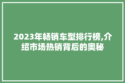 2023年畅销车型排行榜,介绍市场热销背后的奥秘